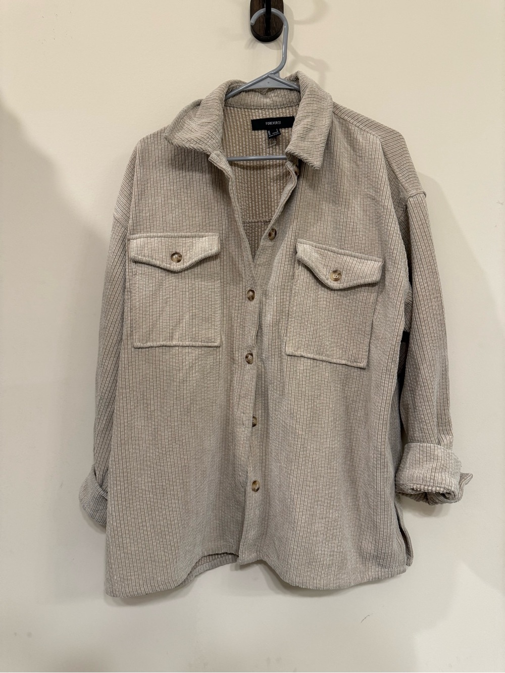 Forever 21 Beige Ribbed Button-Down Shirt Jacket